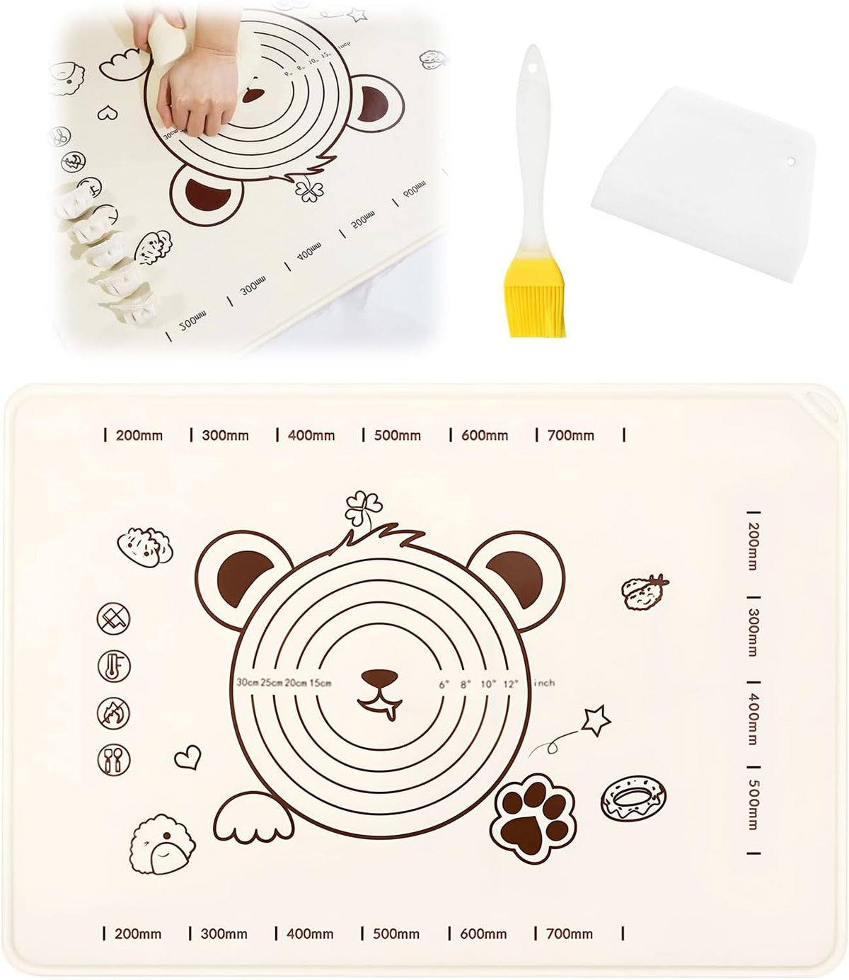 Little Bear Pastry Mat Set:Silicone Pastry Mat with Cake Scraper Rolling Pin Pastry Brush for Baking (standard, count, 4)