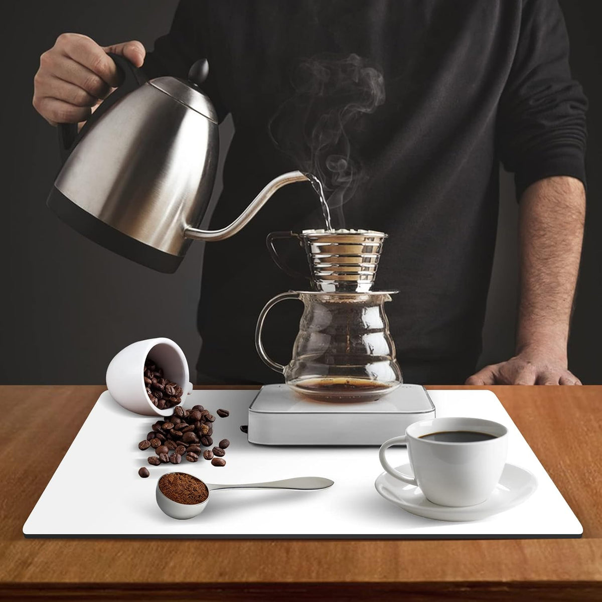 ZLR Coffee Mat - 12" x 16" Small Kitchen Hide Stain Absorbent Dish Drying Mat for Countertop - Easy to Clean Coffee Bar Mat for Espresso Machine and Spill Protection - Milk White