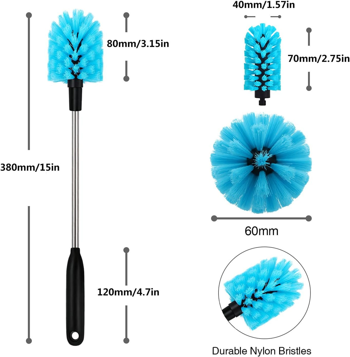 2-in-1 Stainless Steel Long Handled Water Bottle Brush, Multi-Purpose Bottle Scrubbing Brush, Soft Bottle Brush, Glassware Brush, Water Bottle Cleaner with Removable and Replaceable Brush Heads 15 in