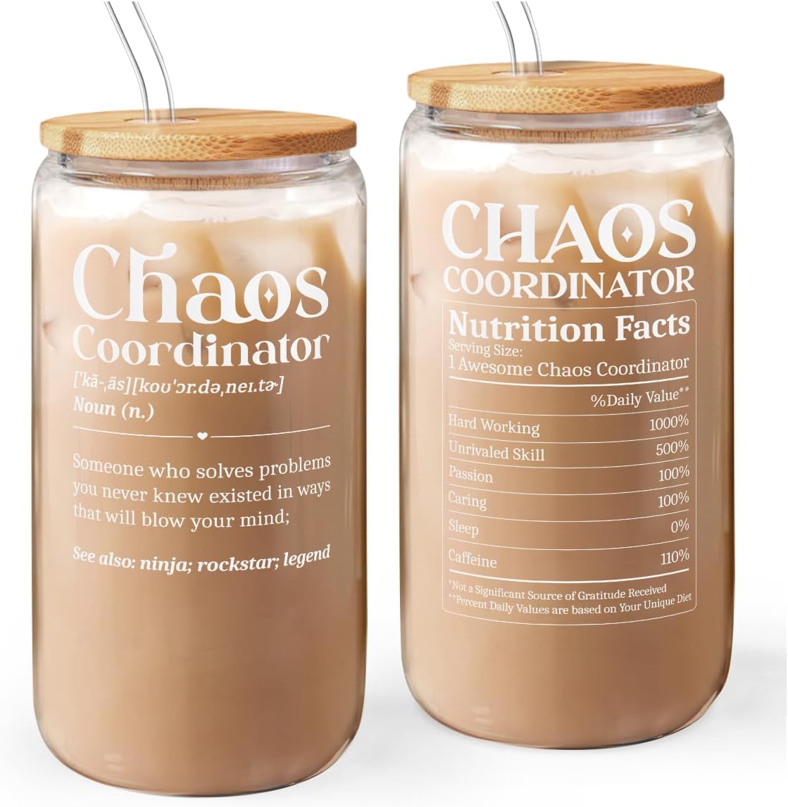 Chaos Coordinator 16oz Can Glass Tumbler with Bamboo Lid & Straw, Iced Coffee Cup for Female Coworker Friends Colleagues, Aesthetic Cups Gifts for Birthday Christmas Farewell Retirement