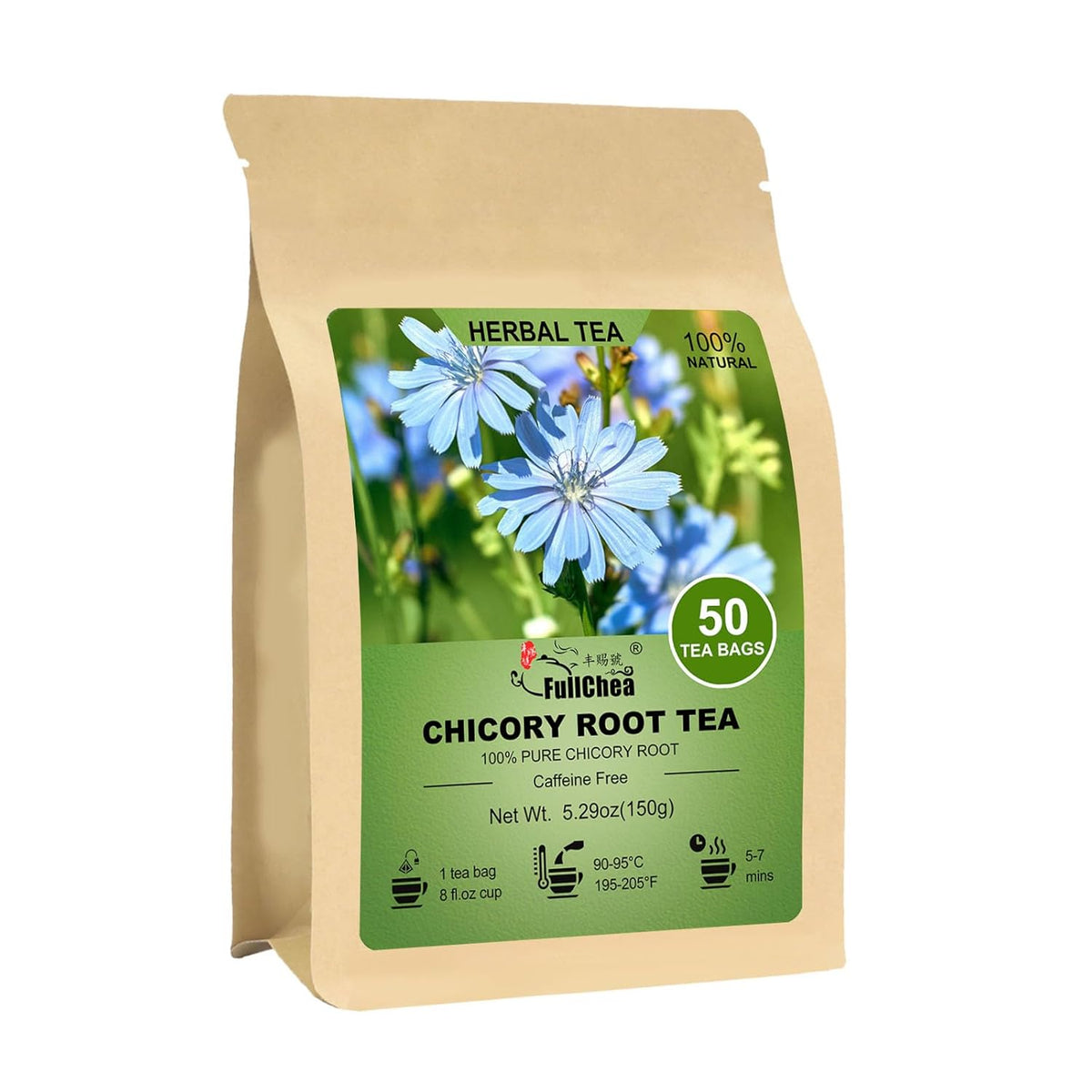 FullChea - Chicory Root Tea, 50 Teabags - Pure Chicory Root Herbal Tea - Coffee Alternative - Non-GMO - Caffeine-free - Support Liver Health & Rich in Antioxidants