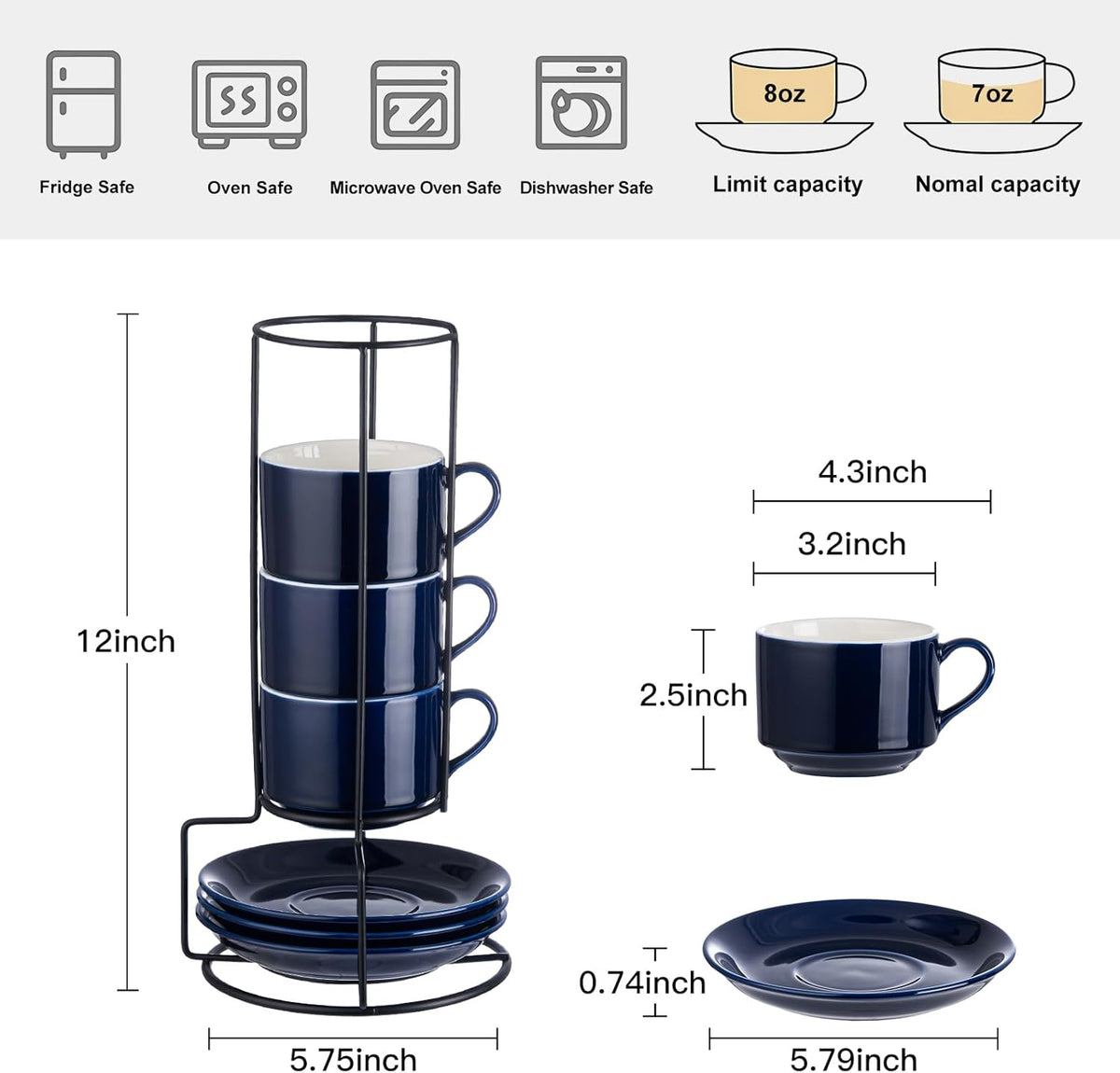 YOLIFE 8oz Porcelain Stackable Cappuccino Cups with Saucers and Metal Stand Set of 4, Coffee cups for Espresso, Specialty Coffee Drinks, Latte, Americano and Tea - Blue