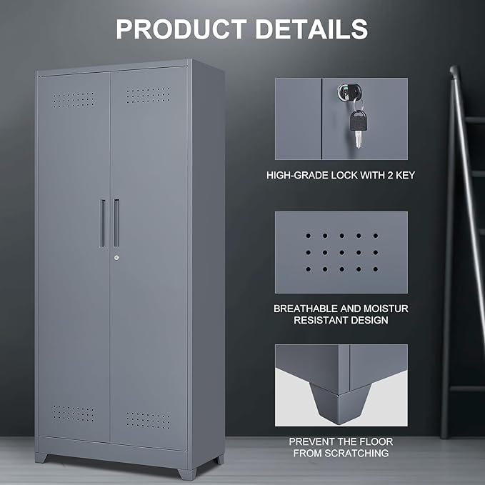 FLEXIMOUNTS 73'' Tall Metal Storage Cabinet with Locking Door, Large Cleaning Tool Organizer for Brooms, Garage, Laundry Room, Bathroom, Dark Grey
