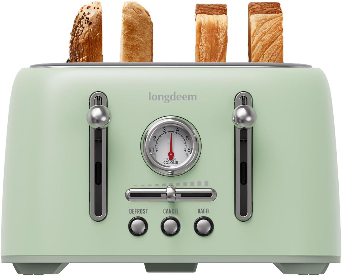 Retro 4-Slice Toaster 1.6" Wide Slots - 6 Toast Settings with Bagel Function, Stainless Steel Body, Defrost/Cancel Button & Crumb Tray, Vintage Green