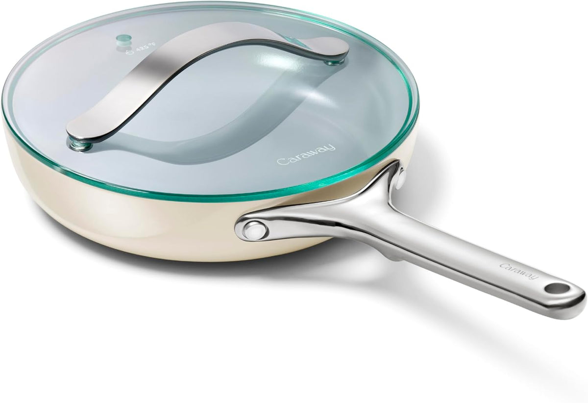 Caraway Nonstick Ceramic Mini Fry Pan With Glass Lid (1.05 qt, 8") - Non Toxic, PTFE & PFOA Free - Oven Safe & Compatible with All Stovetops (Gas, Electric & Induction) - Cream