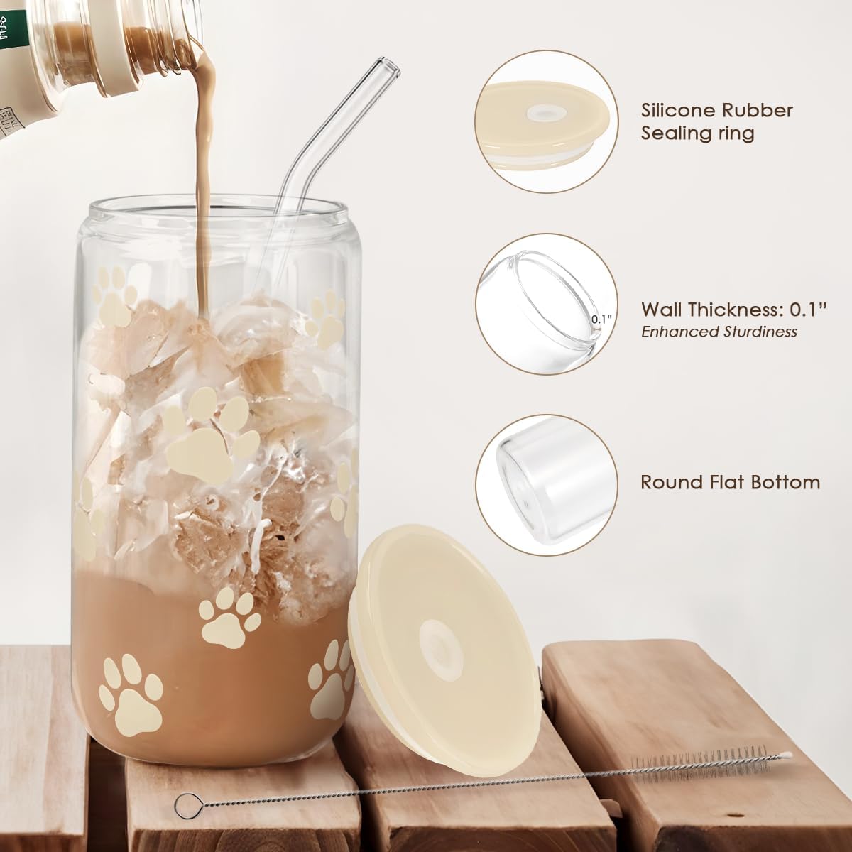 Paw Print 16oz Can Glass Tumbler with Acrylic Lid & Straw - Iced Coffee Cup for Women Cat Dog Mom, Aesthetic Cups Gifts for Birthday Christmas