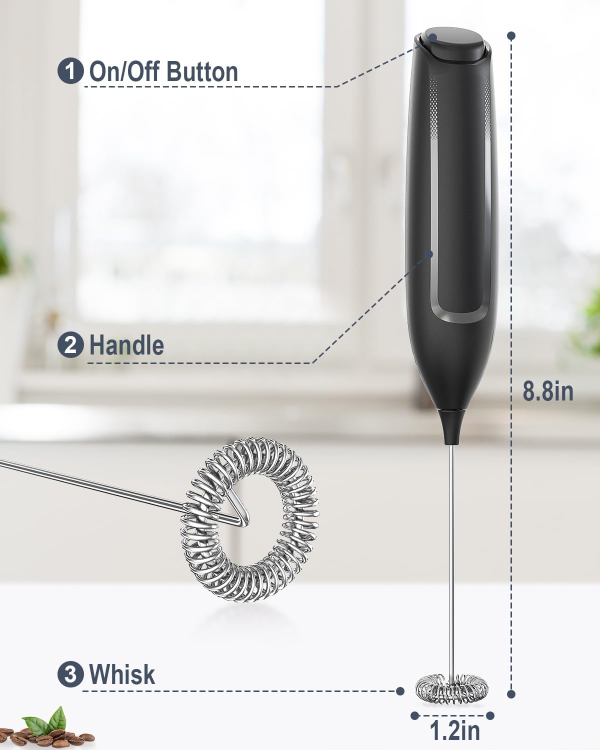 Milk Frother Handheld Battery, Electric Foam Maker Frother Wand, Drink Mixer with Stainless Steel Whisk for Coffee, Matcha, Lattes, Cappuccino Black