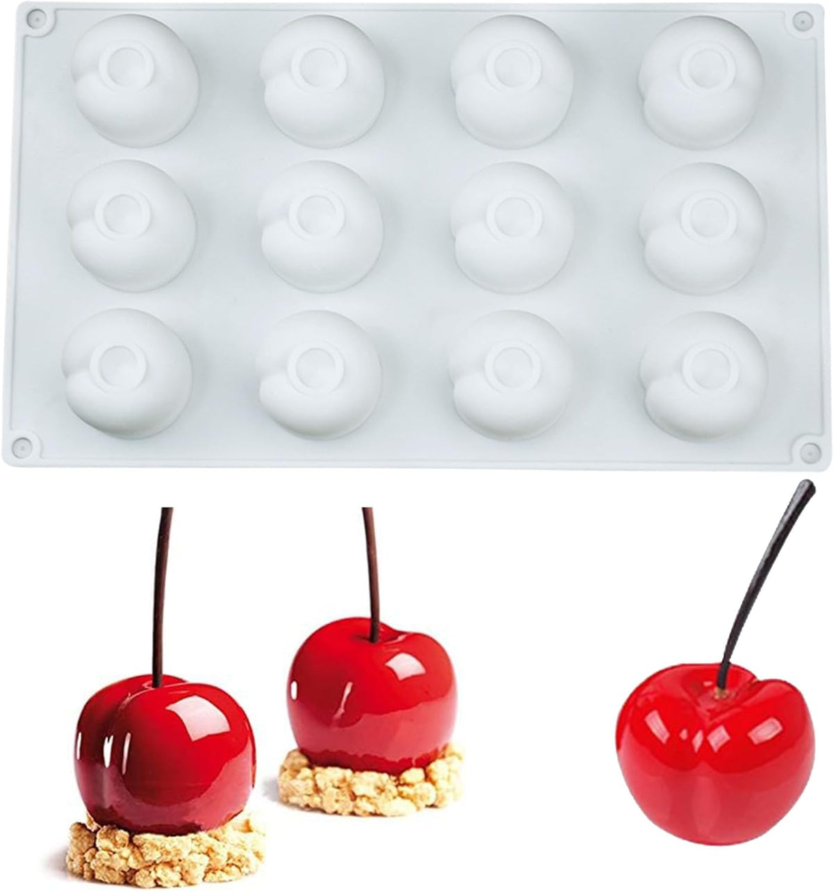 OCPO KITCHEN Cherry Silicone Molds for Baking Mousse Cake, 3D Silicone Baking Mold for Candy Pastry Chocolate Truffle Cupcake Jelly Cookie Pudding Cake Decoration Mold, Cherry Shape (12-Cavity)