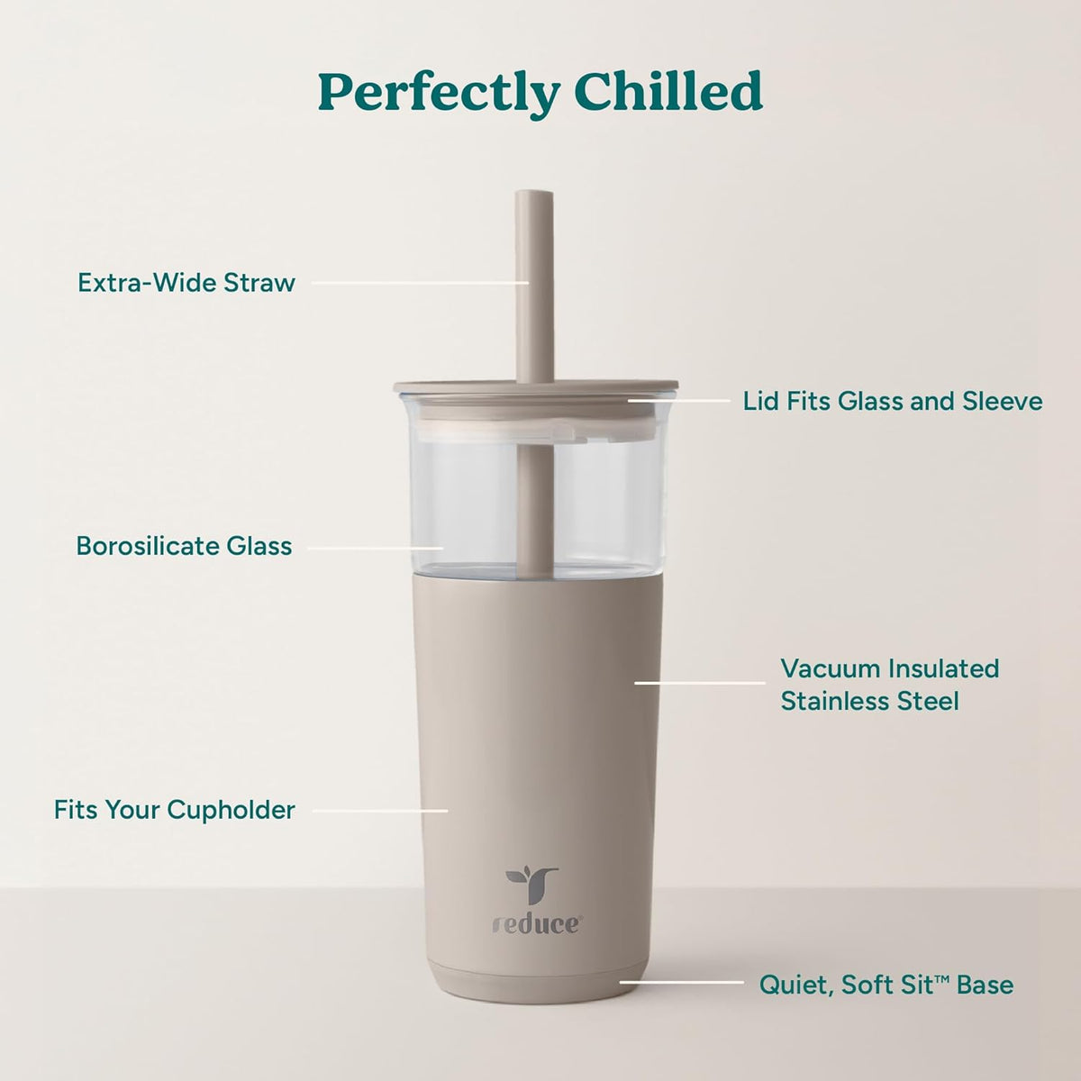 REDUCE Aspen 20 oz Vacuum Insulated Glass Tumbler with Lid & Extra Wide Straw - Keeps Drinks Cold for 12 Hrs - Ideal for Iced Coffee, Smoothies & Boba - Dishwasher Safe, Soft Base - Sand