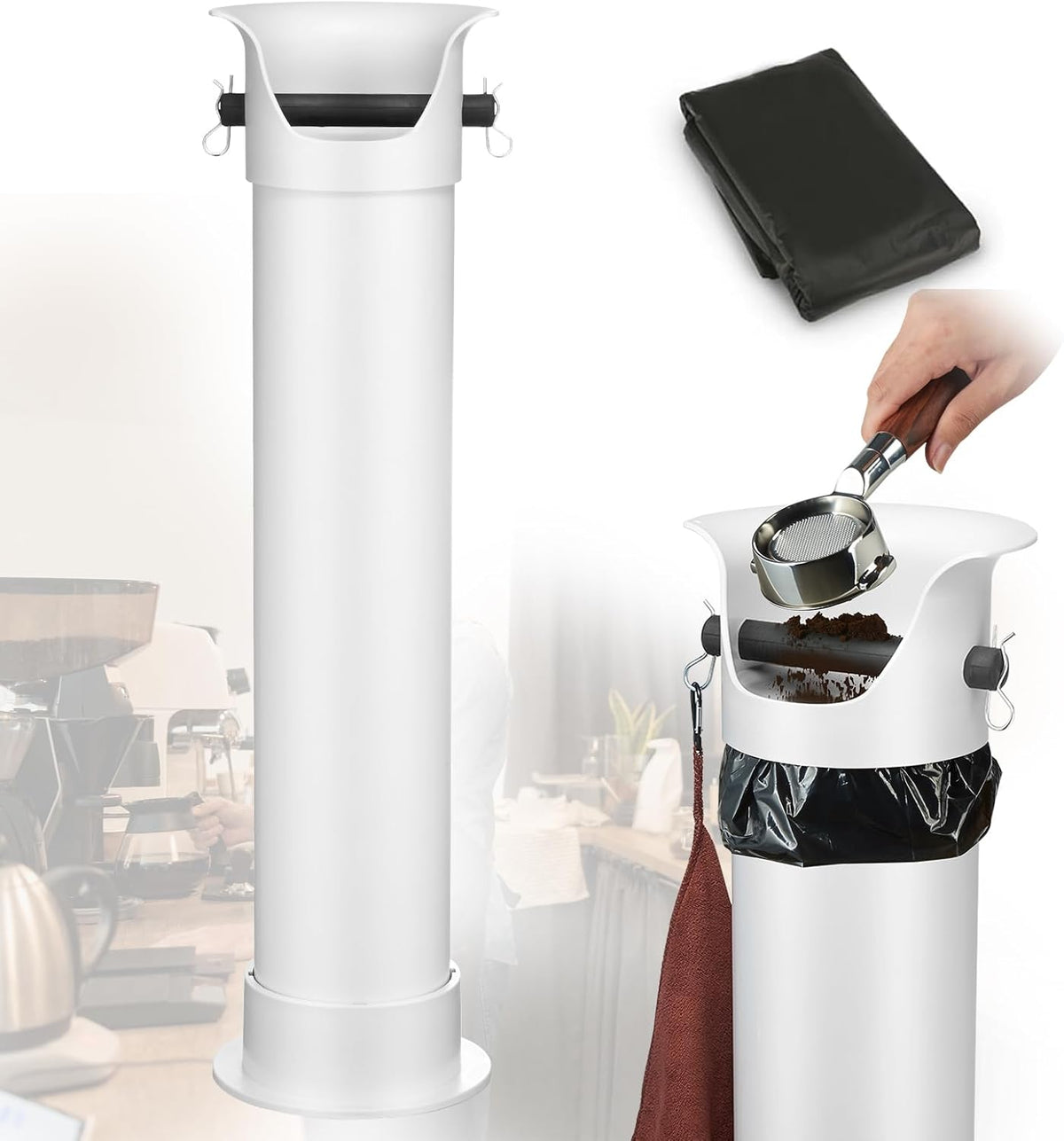 CURTA Espresso Coffee Knock Box with Garbage Bags(30Pcs), Commercial Knock Box for Coffee Grounds, Coffee Shop Kitchen Bar, White, Extra Large Collection Dump Bin