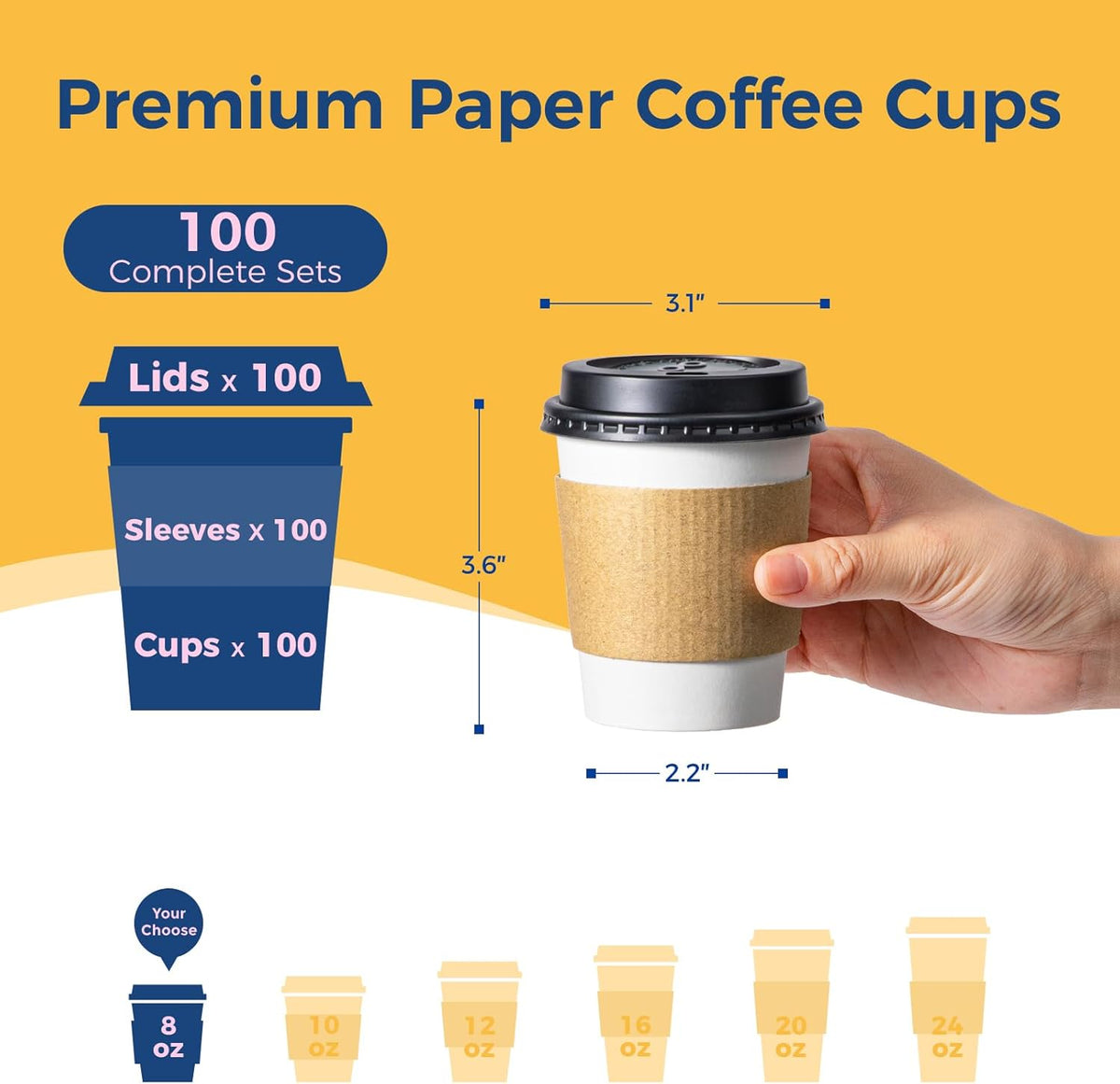 Fit Meal Prep 500 Pack 8 oz Disposable Coffee Cups with Lids, Sleeves, Leak-Proof To Go Coffee Cups with Lids, Durable Paper Cups for Hot Beverage, Home, Office, Party