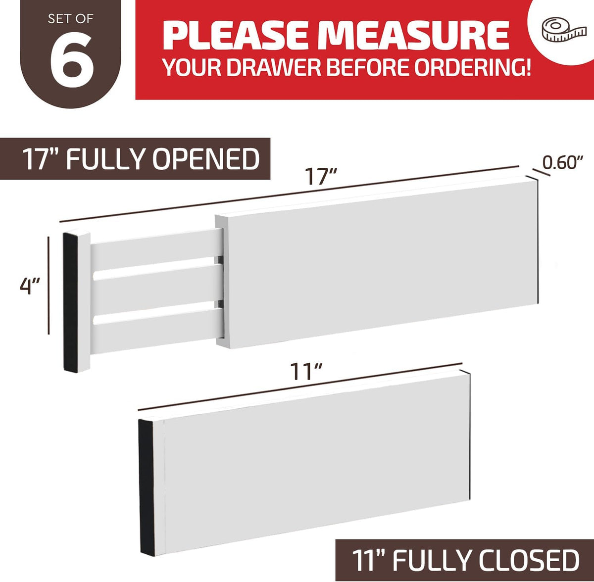 6 Pack Drawer Dividers 4 Inch High, 11”-17" Adjustable Bamboo Organizers Large Expandable Drawer Separators for Cloths, Dresser, Bedroom, Bathroom, Baby Drawer, Office & Kitchen Utensils (White)