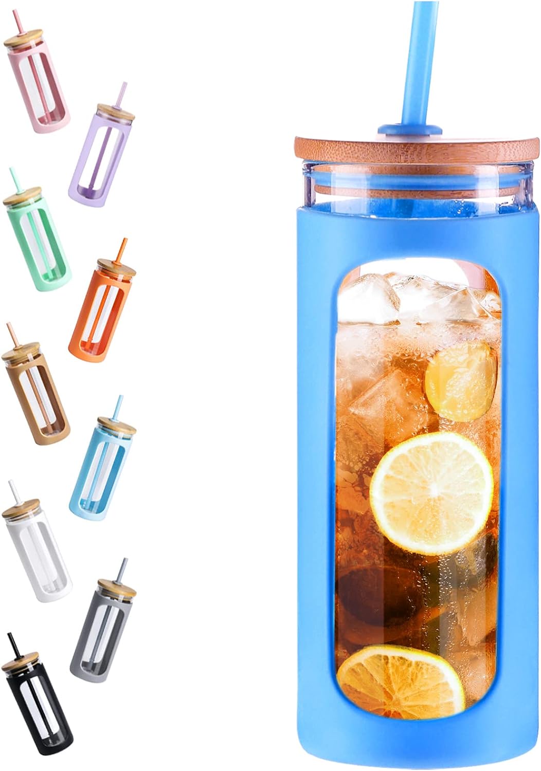 Kodrine 20oz Glass Tumbler with Straw and Lid, Iced Coffee Cups with Bamboo Lids, Glass Cups for Cold Drinks, Smoothie Cup with Silicone Sleeve for Travel, Work, BPA FREE-SkyBlue