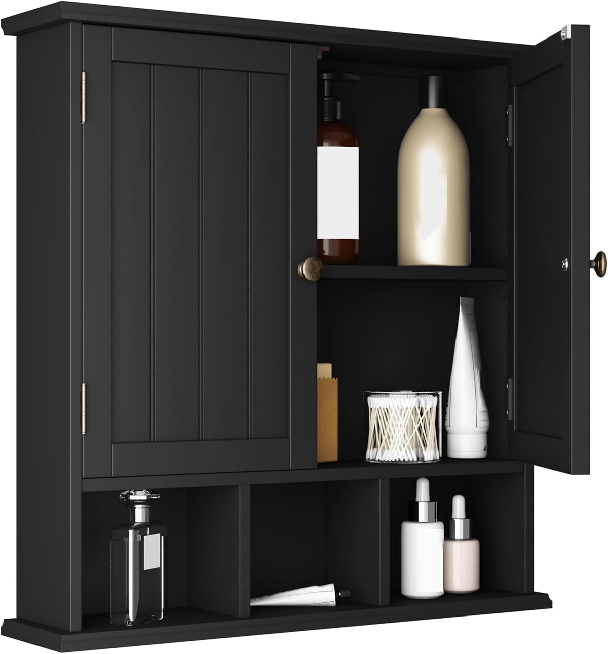 ChooChoo Bathroom Cabinet Wall Mounted 2-Door with 3 Open Shelves， Wooden Medicine Cabinets with Adjustable Shelf，Space Saver Storage Cabinets Over The Toilet for Bathroom&Living Room，Black