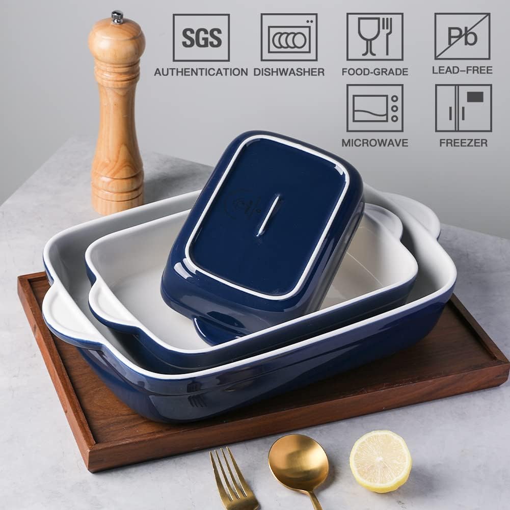 Sweejar Casserole Dishes for Oven, Ceramic Bakeware Set of 3, Lasagna Pan Deep with Handle, Rectangular Baking Pan Set, 9x13 Baking Dish for Cooking, Banquet and Daily Use (Navy)