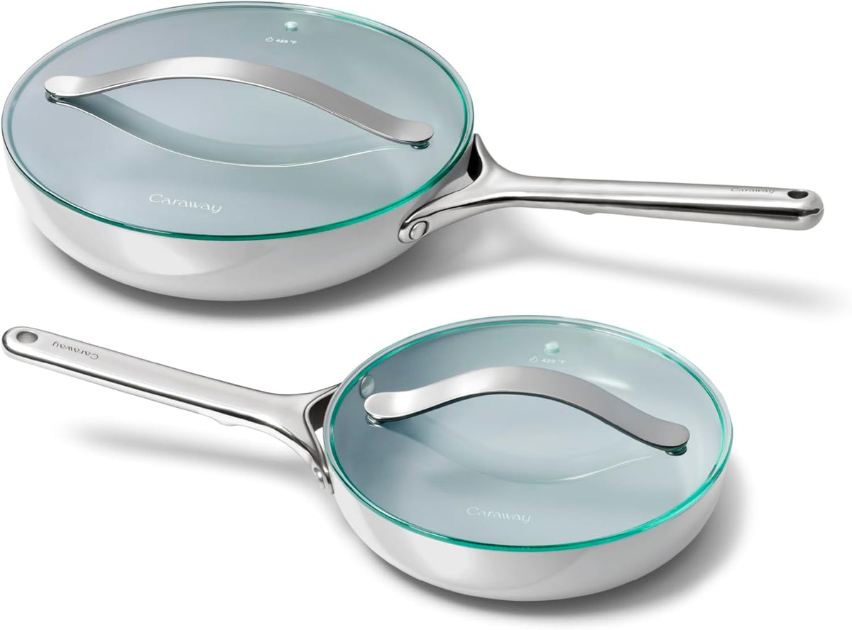 Caraway Ceramic Fry Pan Duo with Glass Lids - Non-Stick Frying Pans (10.5” & 8”) - Non Toxic, PTFE & PFOA Free - Oven Safe & Compatible with All Stovetops – Gray