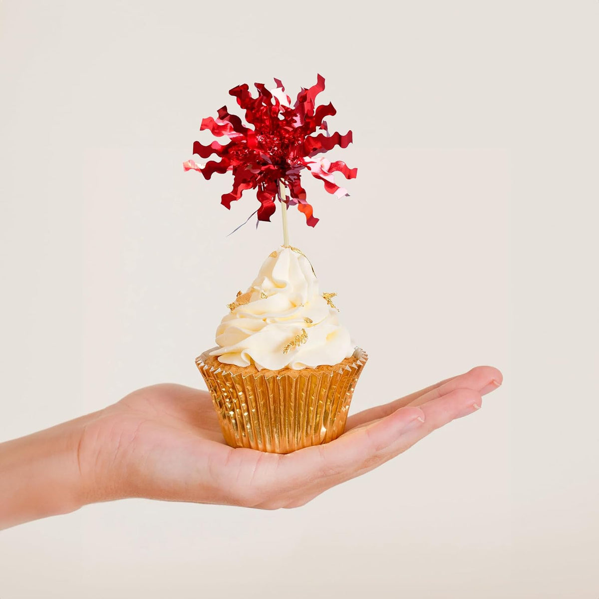 Gyufise 30Pcs Foil Firework Cupcake Toppers Sparkle Tinsel Cake Toppers Tinsel Drink Cake Decoration Cocktail Picks for Birthday Wedding Graduation Party Supplies Red
