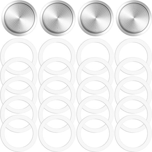 20PCS Silicone Gaskets Seal Ring with 4 PCS Stainless Steel Filter Basket Includes，Spare Food Grade Silicone Sealing Rings for Aluminium Stovetop Coffee Maker Pots -6Cup