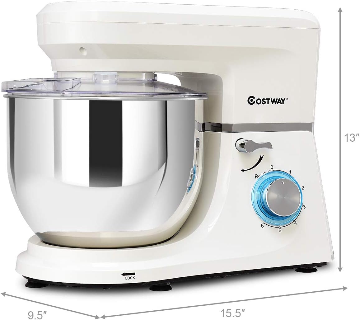 COSTWAY Stand Mixer, 7.5-Quart 660W 6-Speed Electric Mixer with Stainless Steel Bowl, Tilt-head Food Mixer with Dough Hook, Beater, Whisk (White)
