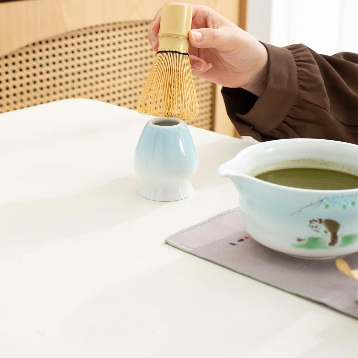 Matcha whisk and bowl set, ceramic matcha bowl with spout, matcha tea set for breakfast, matcha latte, perfect matcha set for ceremony 7 piece set (blue)