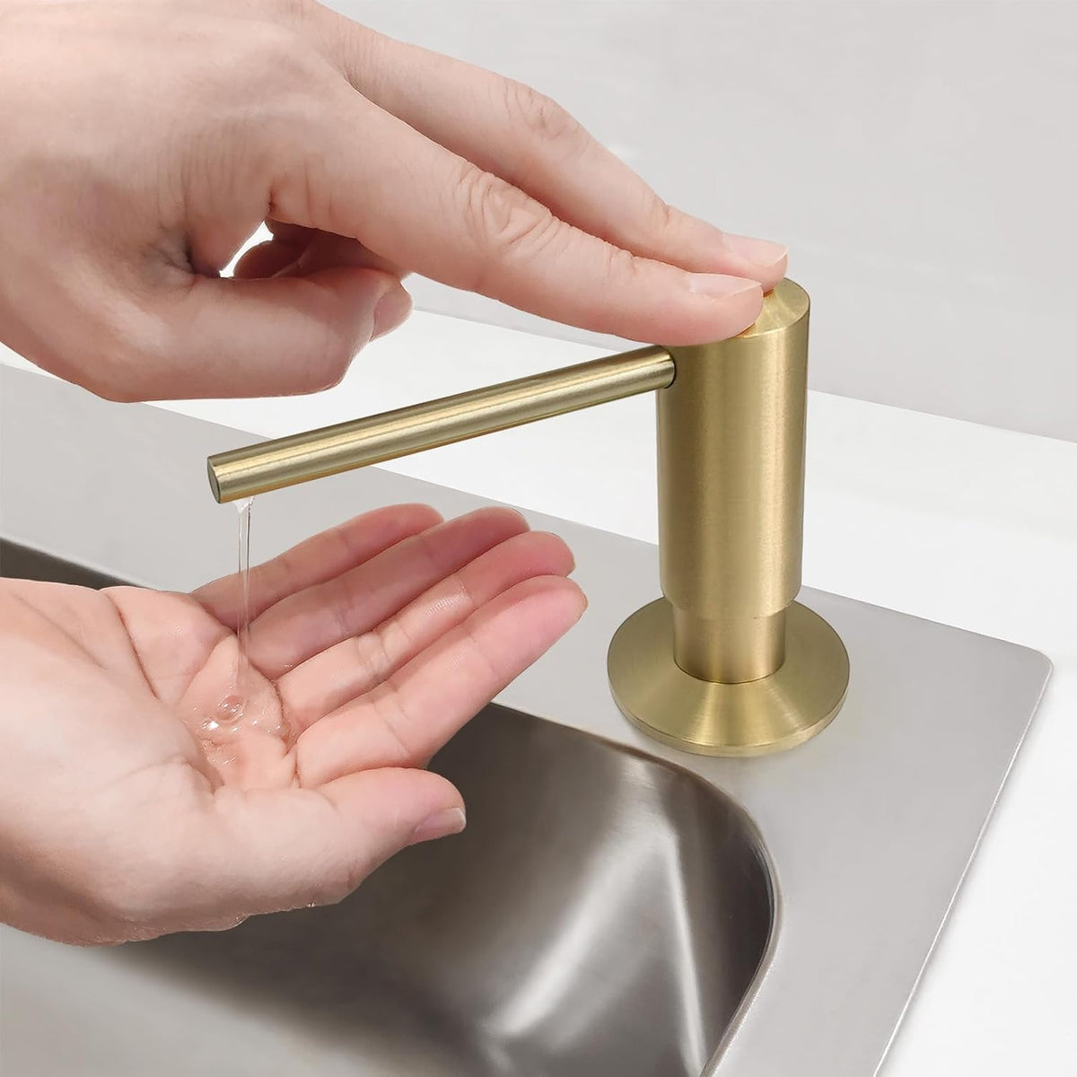 Brushed Gold Built in Dish Soap Dispenser for Kitchen Sink with 17 OZ PET Soap Bottle Refill from The Top, Under Counter Brass Pump Head Liquid Lotion Dispenser, Undermount Copper Pump Head
