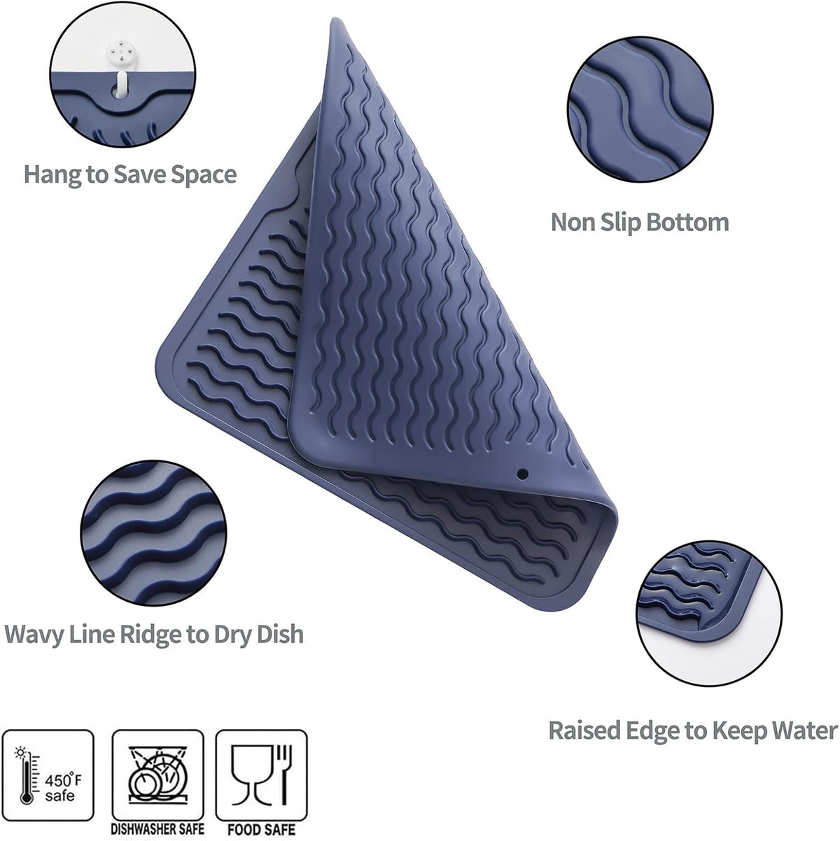 Silicone Dish Drying Mat for Multiple Usage,Easy clean,Eco-friendly,Heat-resistant Silicone Mat for Kitchen Counter or Sink,Refrigerator or Drawer liner Navy Blue M 12 inches x 12 inches