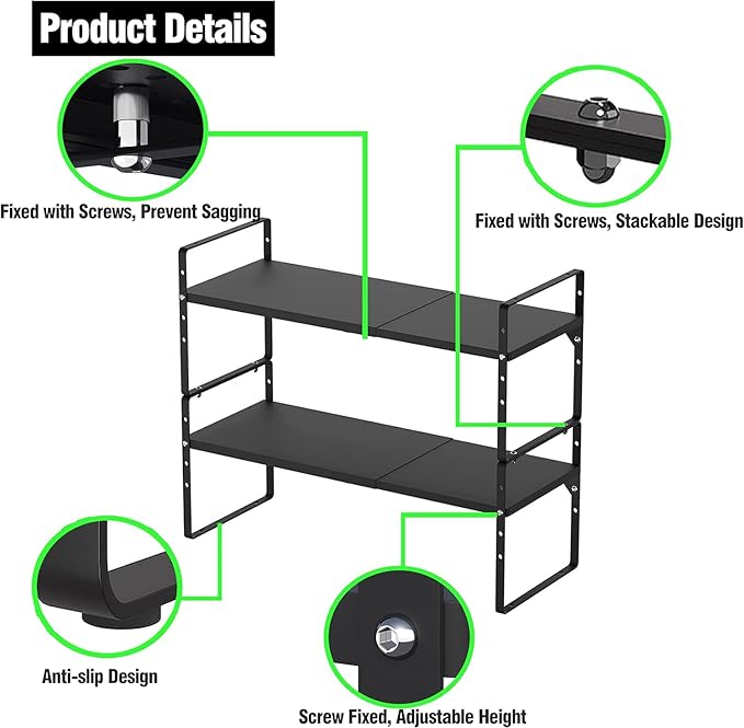 ‎Expandable Kitchen Cabinet Storage Shelf, Stackable Metal Pantry Storage Shelves Organizer, Adjustable Height Counter Spice Rack for Kitchen Cabinet (Black - 16.5"-27" L x 10.2" W x 9.6" H - 3Pack)