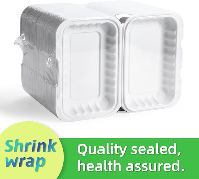 Plastic Containers Mineral Filled PP 9x6 - Shrink Wrap 50 Pack 27oz BPA Free Takeout Box | Freezer Microwave & Dishwasher Safe | Reusable & Disposable Container for To Go Bulk Catering | White