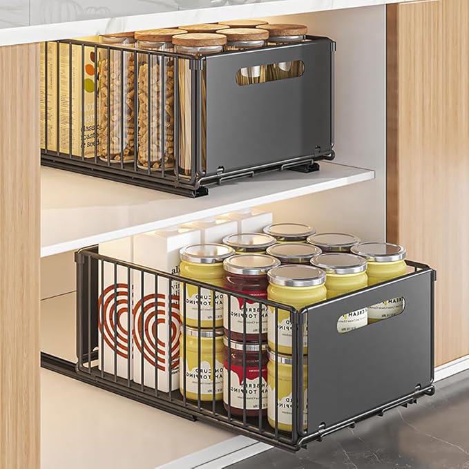 Pull Out Cabinet Organizer Slide Out Drawer Storage Shelves Cupboard Organiser Sliding Cabinet Basket for Kitchen No Drilling and Nailing (Black, 2Piece 9.8" W X15 D X 7.5" H)
