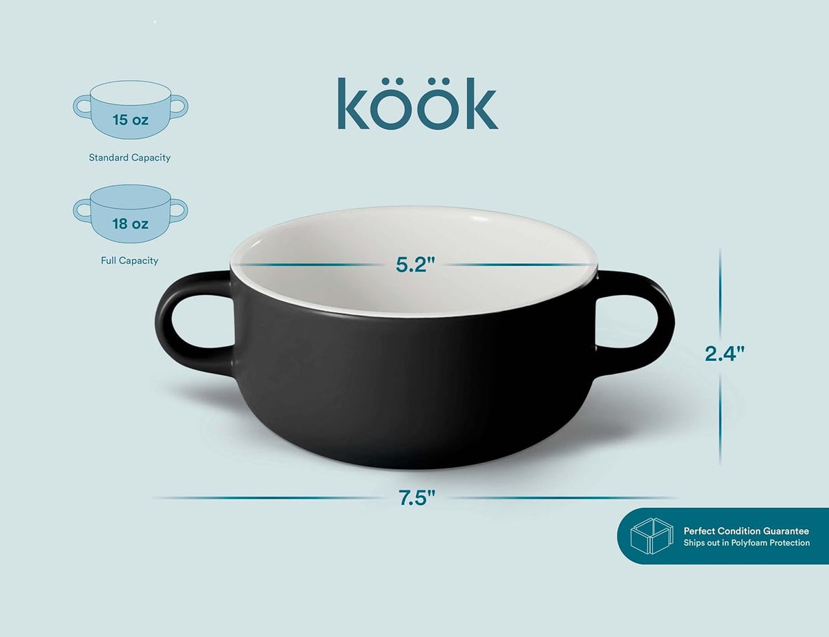 Kook Soup Crocks, Ceramic Bowls, Broil, Oven, Microwave and Dishwasher Safe, with Handles, For Casserole, Pasta, Cereal, 18 oz, Set of 4 (Black)