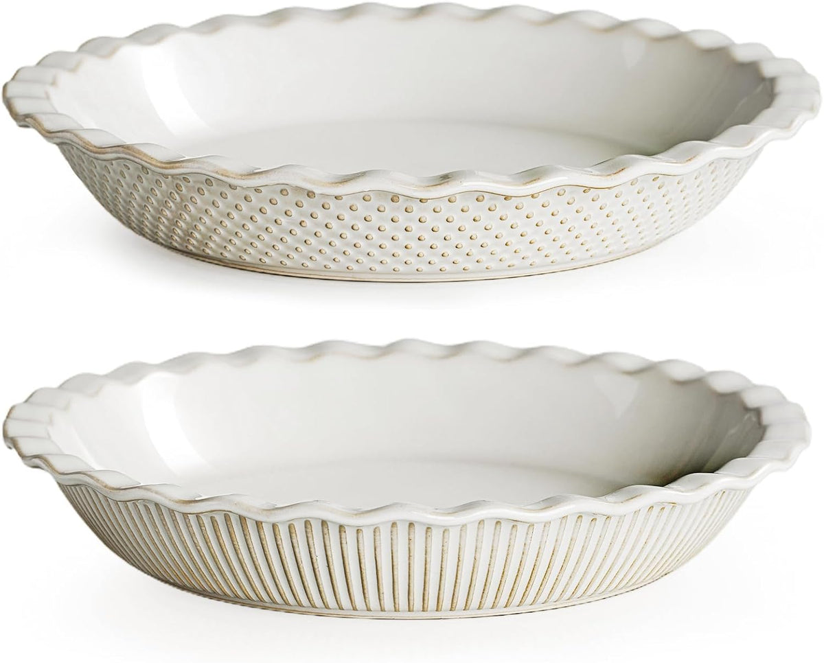 getstar Ceramic Pie Pan Set of 2, 9 inch Pie Dish for Baking, Non-Stick, Oven & Dishwasher Safe, Farmhouse Decor Quiche Baking Dish, Pie Plate, Deep Dish Pie Pan (Embossed Stripes+Dots)