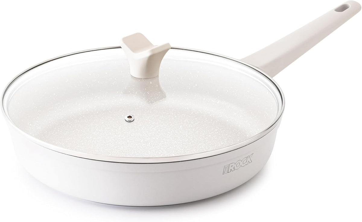 THE ROCK SOHO 11-Inch Non Stick Frying Pan with Lid–Nothing Sticks, Never Warps, Lasts Longer, Ceramic Non Toxic Skillet with Heat-Resistant Handle, PTFE PFOA&PFAS Free, Oven & Dishwasher Safe, Cream
