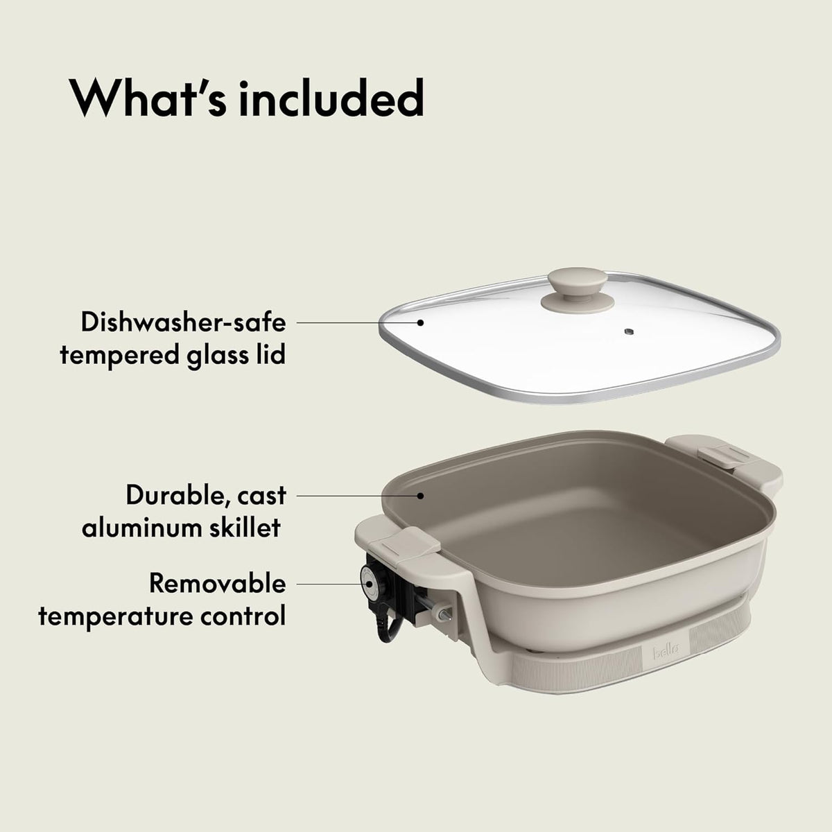 bella Make & Take Electric Skillet, Fits-anywhere™ kitchenware, EverGood™ Ceramic Coating, Adjustable Temperature & Dishwasher-Safe Tempered Glass Lid, Cast Aluminum Base, 1200 Watt, Oatmilk