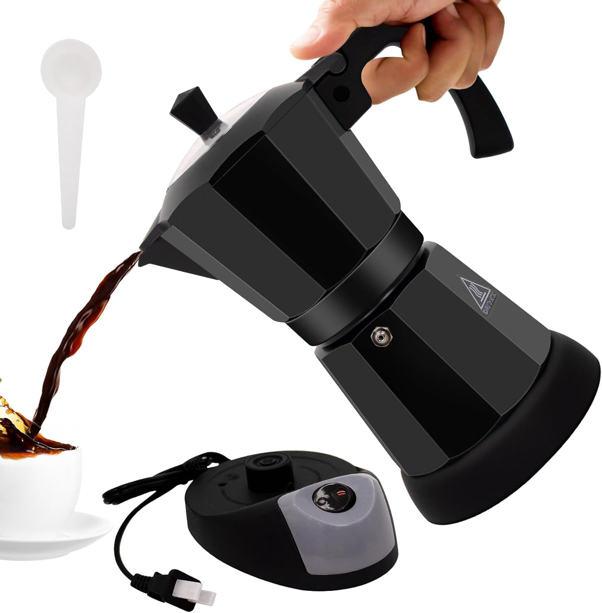 Electric Aluminum Moka Pot 5-6 Cup 270ml Espresso Maker with Detachable Base Ideal Coffee Makers for Home MochaPot Italian and Cuban Café Coffeemaker Espressomaker CoffeePot Black
