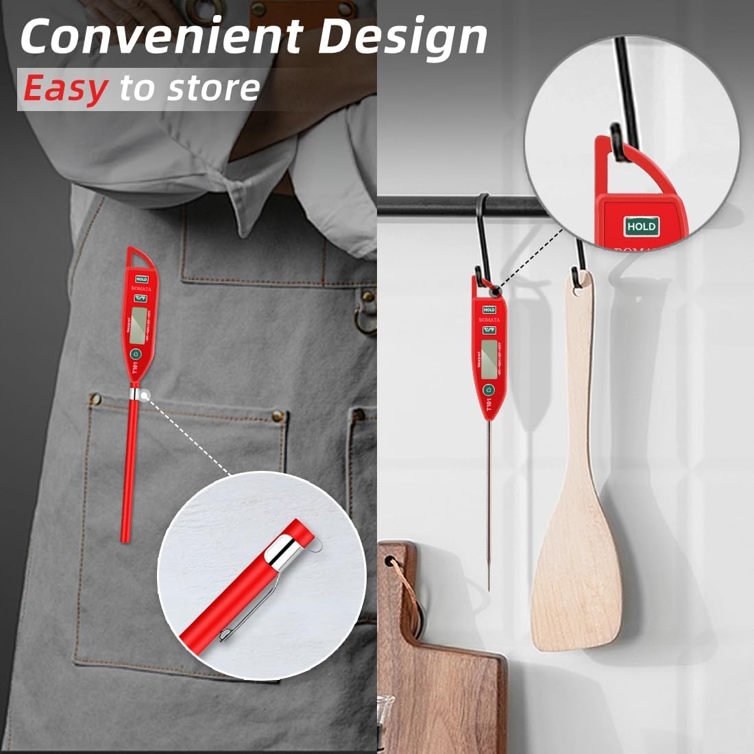 BOMATA Waterproof IPX7 Thermometer for Water, Liquid, Candle and Cooking. Instant Read Food Thermometer with Long Probe for Cooking, Meat, BBQ! T101 (Red Color)………