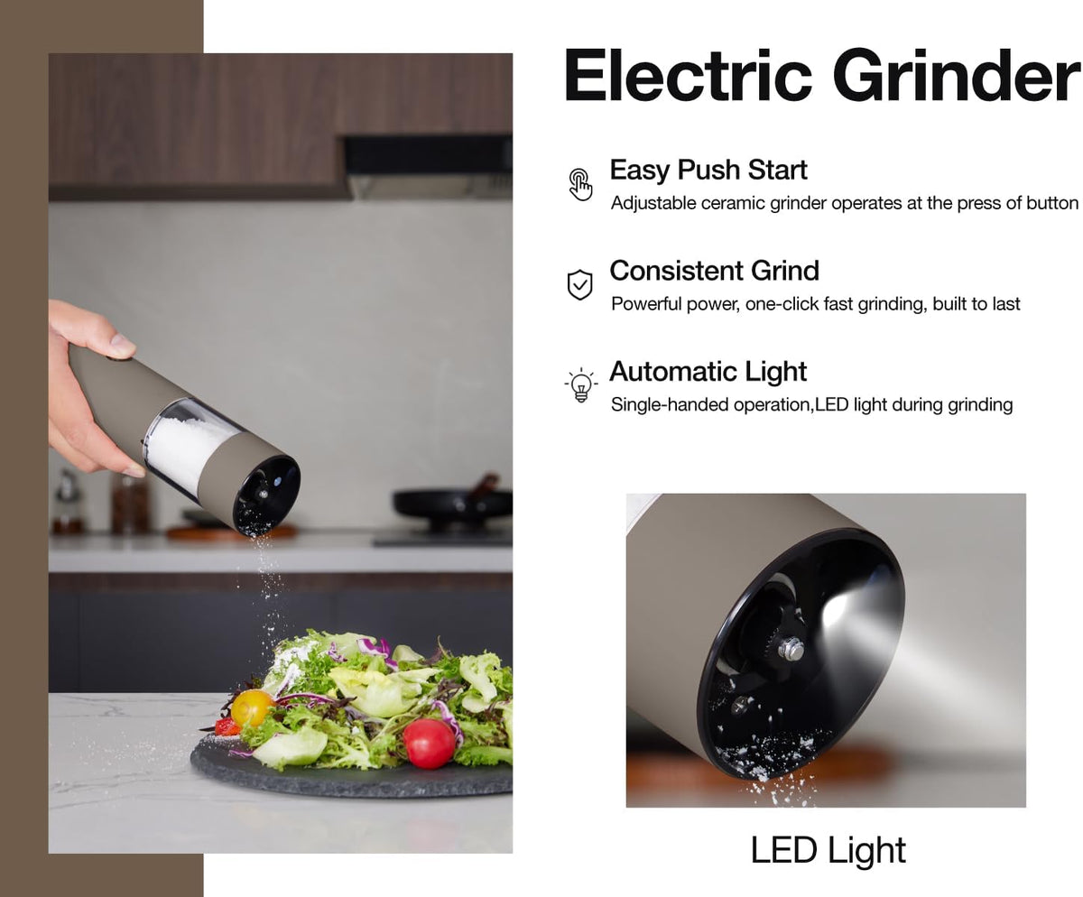 Stainless Steel Rechargeable Electric Salt and Pepper Grinder Set, USB Charging with Dust Cover, 6 Adjustable Grinding Modes + LED Light 2pack，Brown
