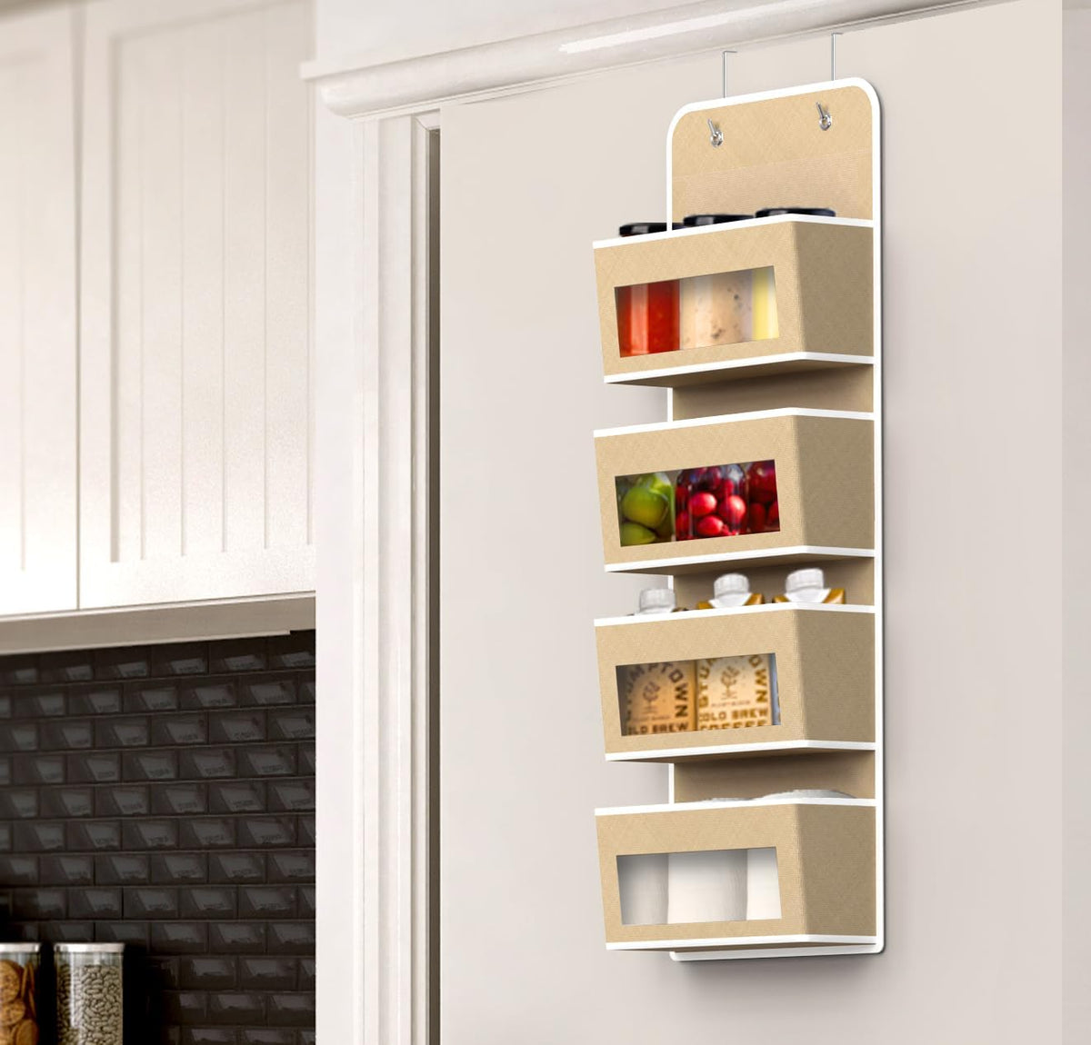 Simple Houseware 4 Clear Window Pocket Over Closet Door Storage Hanging Organizer for Bedroom, Bathroom, Pantry, Beige