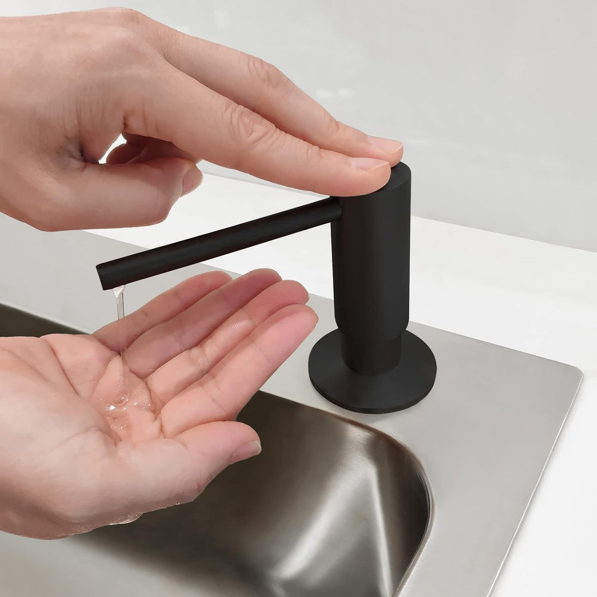 Matte Black Built in Dish Soap Dispenser for Kitchen Sink, Under Counter Brass Pump Head Hand Soap Pump with 17 OZ PET Soap Bottle Refill from Top, Undermount Brass Liquid Soap Dispenser