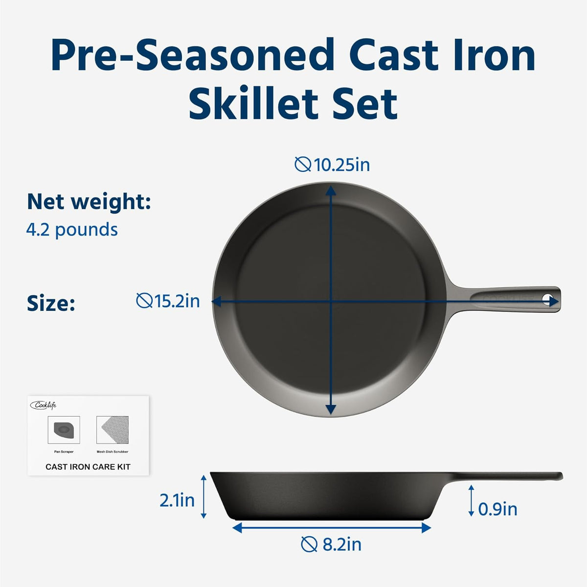 COOKLIFE 10 Inch Lightweight Pre-Seasoned Cast Iron Skillets with Stainless Steel Lid and Handle Cover - Smooth Polished Surface, Easy to Clean Cast Iron Pan Use in the Oven, on the Stove or Grill