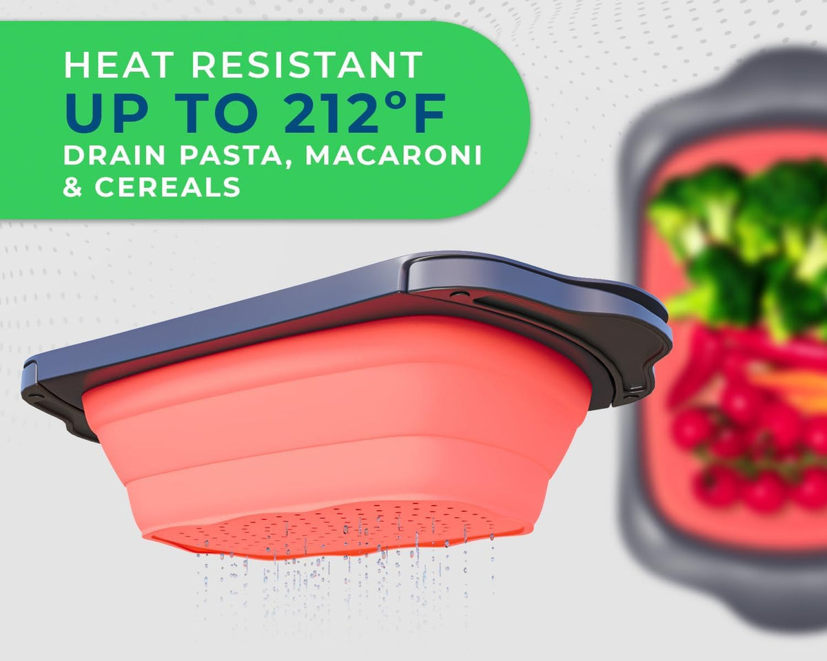 XL Large Kitchen Strainer by Comfify - Collapsible Silicone Over-The-Sink Colander with Extendable Handles - Use with Pasta, Fruit, Berries & Veggie - 6 Quart - Coral