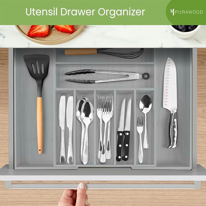 Purawood Bamboo Drawer Organizer - Expandable Silverware Organizer & Utensil Organizer, Cutlery Tray with Dividers, 7-9 Slots - Premium Kitchen Drawer Organizer for Utensils & Flatware (Grey)