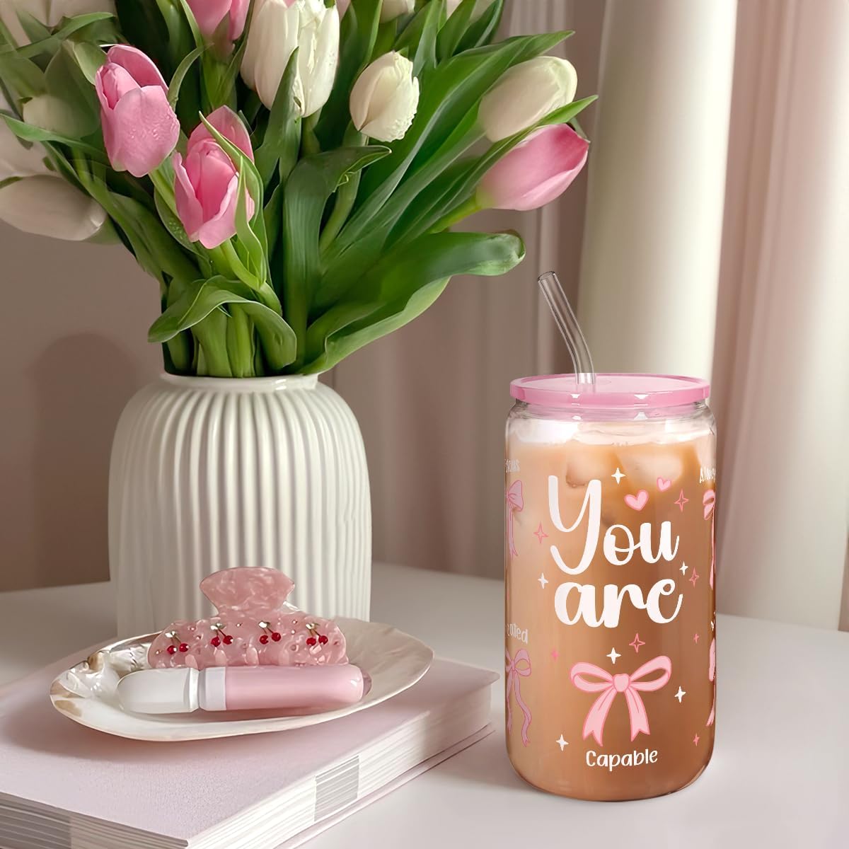Christian 16oz Can Glass Tumbler with Acrylic Lid & Straw, Iced Coffee Cup for Women Girls, Aesthetic Cups Gifts for Birthday Christmas