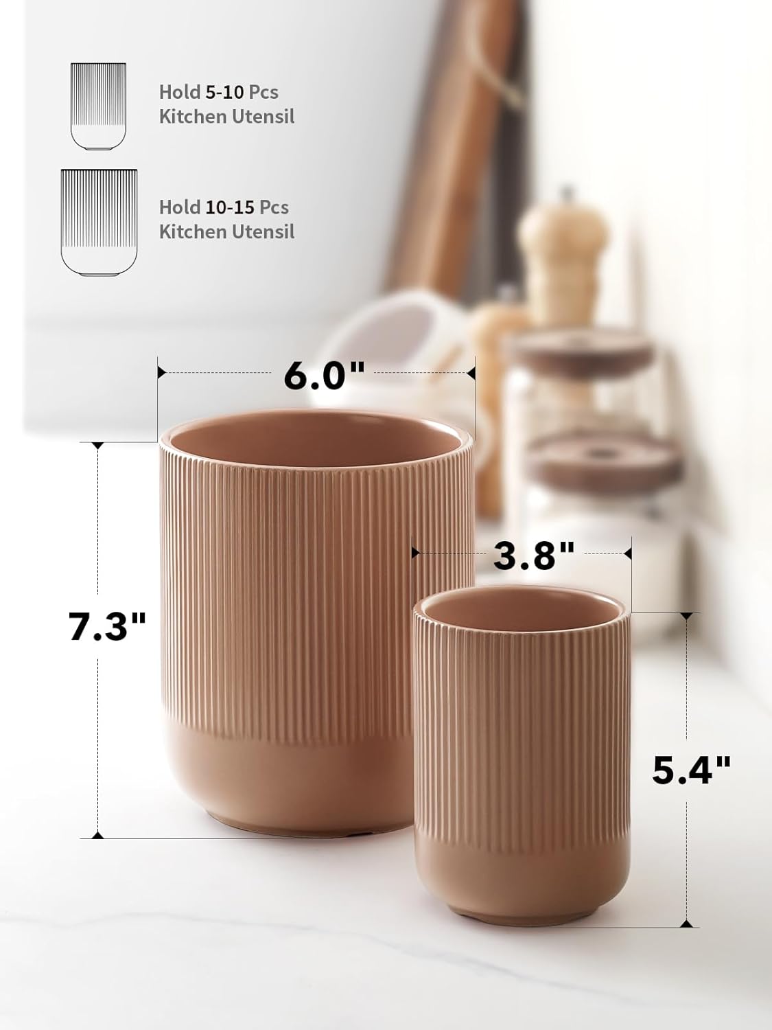 LE TAUCI Utensil Holder, 7.3"+5.4" Ceramic Kitchen Utensil Holder for Countertop, Large Cooking Utensil Crocks for Kitchen Counter, Morden Utensil Organizer for Spatula, Set of 2, Dusty Pink