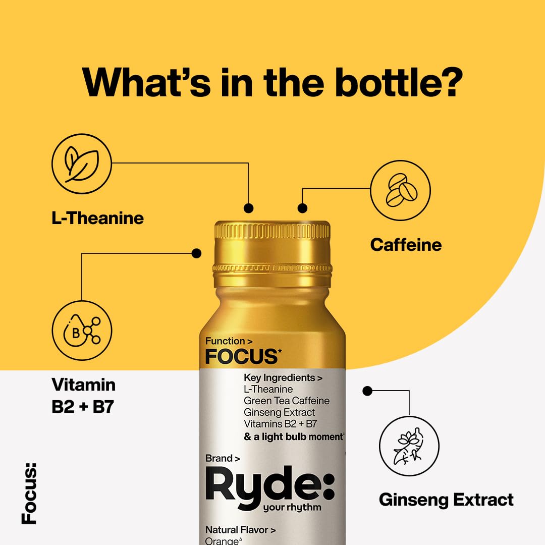 Ryde: Focus Shot | Orange Flavor | L-Theanine & Ginseng | Green Tea Caffeine | Vitamins B2 & B7 | 0 Calories, 0 Sugar | 2 FL OZ Shots | Supports Focus* (8 Pack)