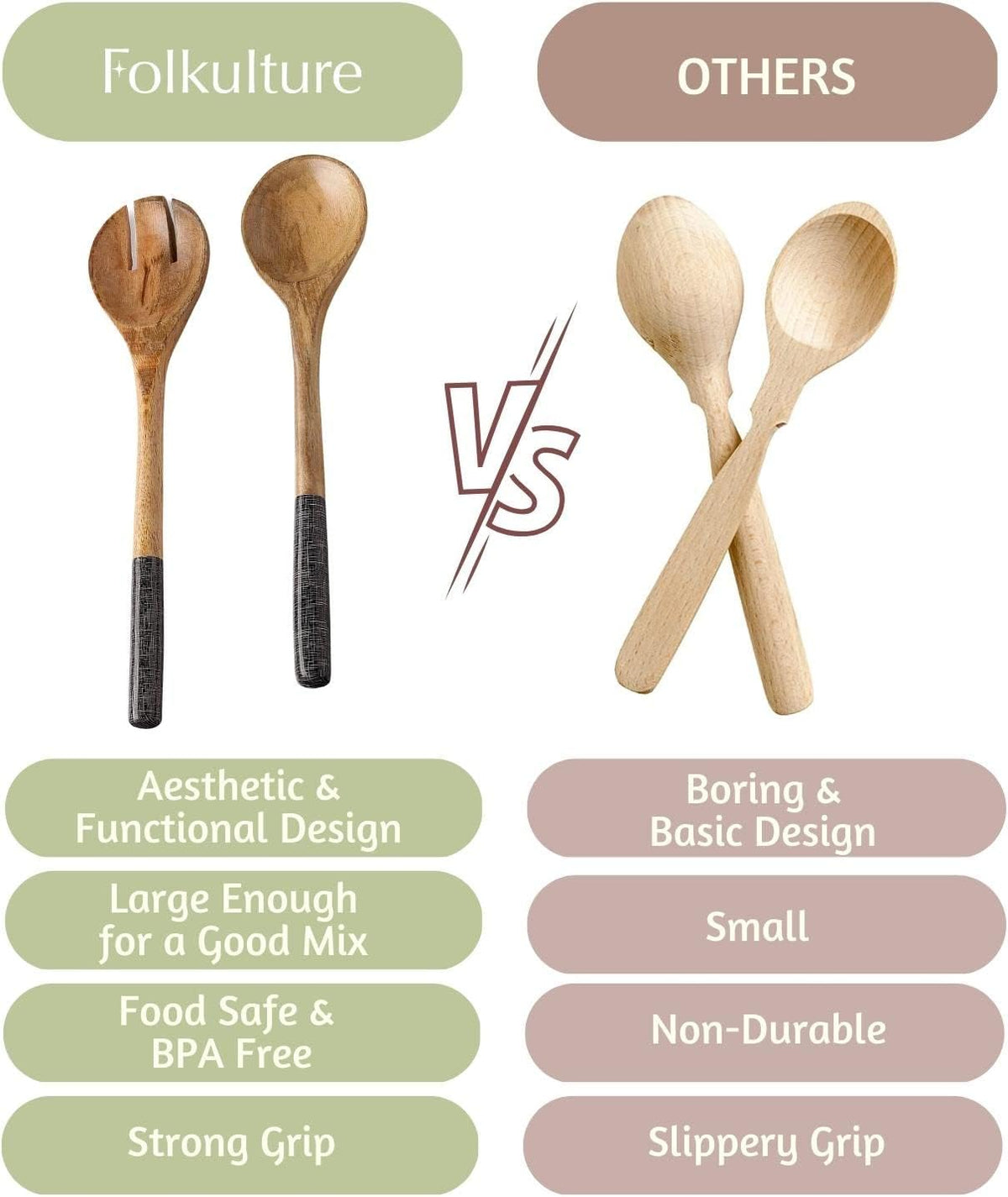 Folkulture Salad Servers or Salad Tongs, Wooden Utensils for Serving Salad, 12-inch Spoon and Fork Set, Mango Wood, Black Servers