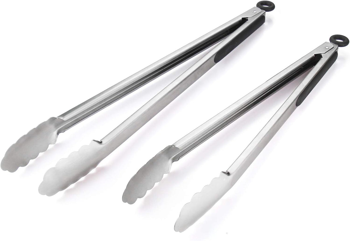 304 Stainless Steel Kitchen Cooking Tongs, 14" and 16" Set of 2 Sturdy Grilling Barbeque Brushed Locking Food Tongs with Ergonomic Grip, Black