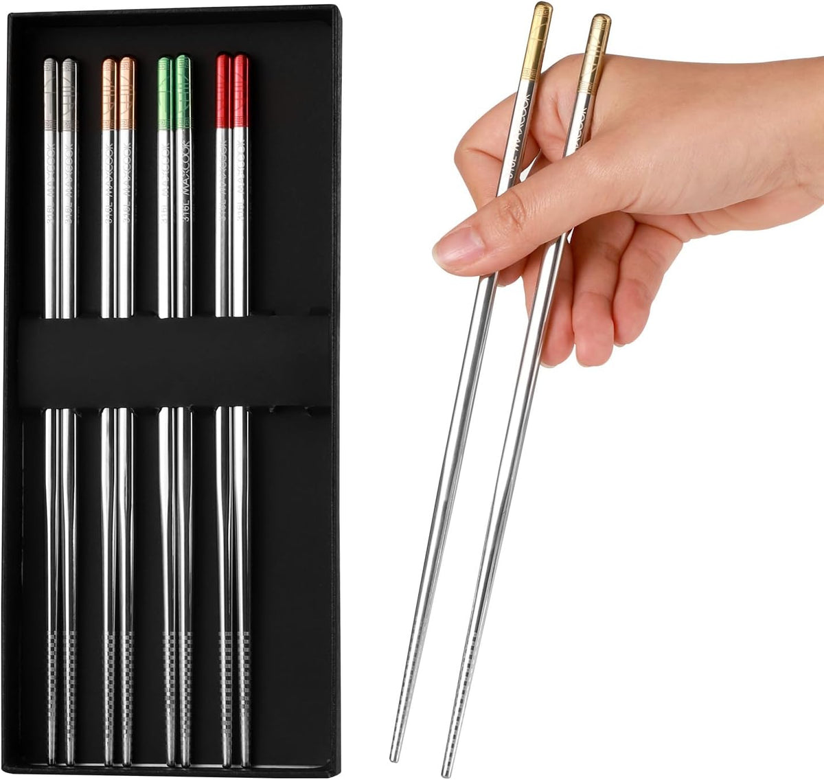 Metal Chopsticks, 5 Pairs 316L Stainless Steel Chopstick，Non-Slip Sushi Chop sticks with Laser Engraving, Reusable Chopsticks for Japanese Cuisine (9.25 Inch)