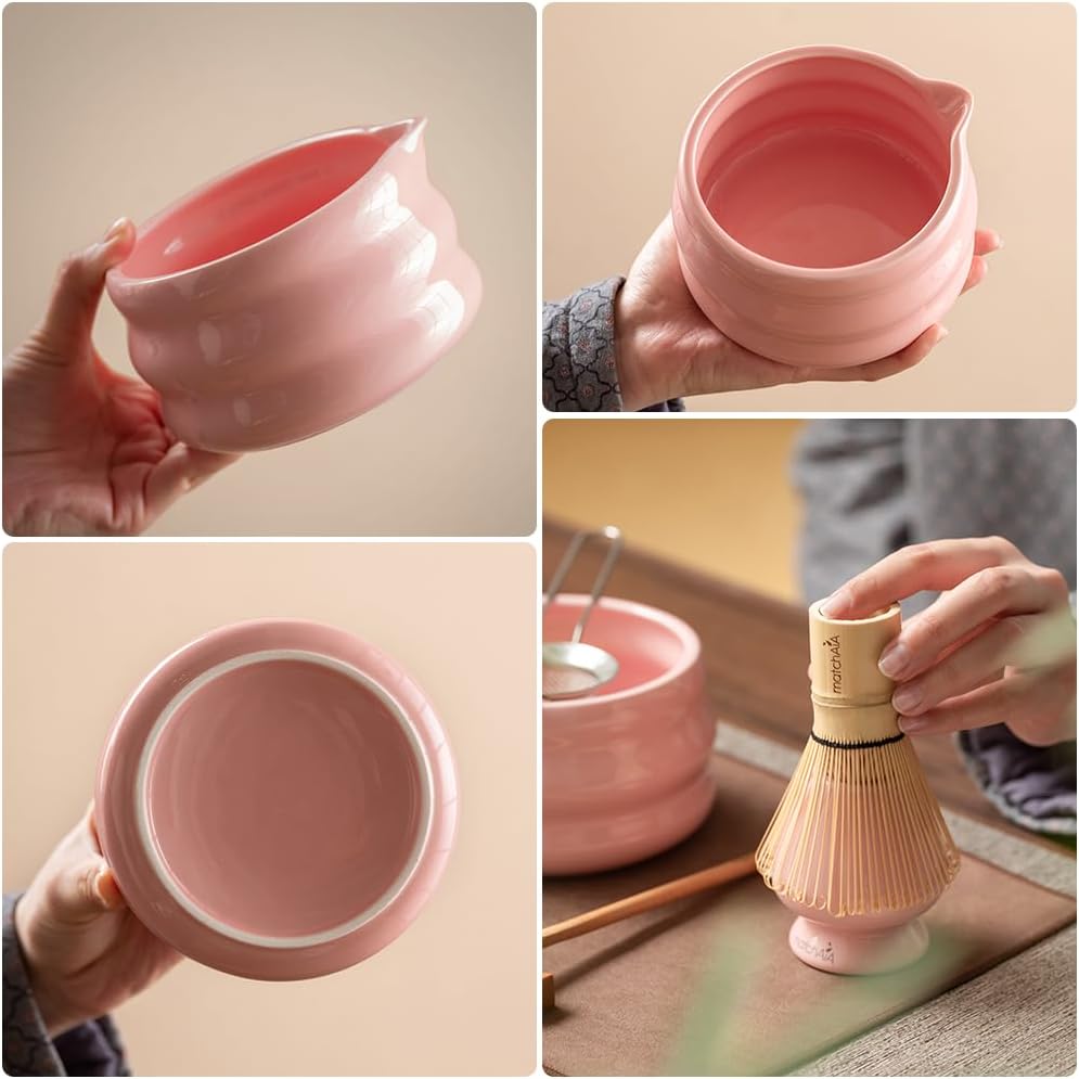8 Pcs Matcha Set - Ceramic Bowl, Bamboo Whisk with Holder, Canister, Sifter, Schima Spoon, Spoon Rest and Tea Towel, Complete Kit for Traditional Matcha and Modern Lattes (Pink)