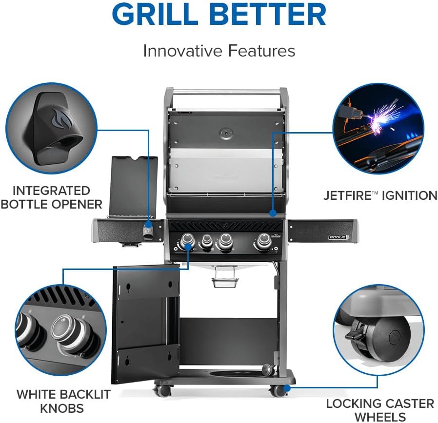 Napoleon Rogue PRO 425 Natural Gas Grill with Infrared Side Burner, Black, Durable 4-Burner Outdoor BBQ