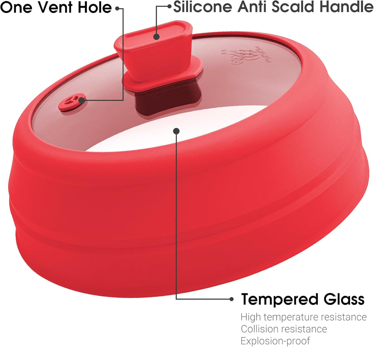 Microwave Splatter Cover Glass Microwave Cover for Food Collapsible Splatter Guard Lid with Silicone Handle for Pot Plate Bowl 9 Inch Red